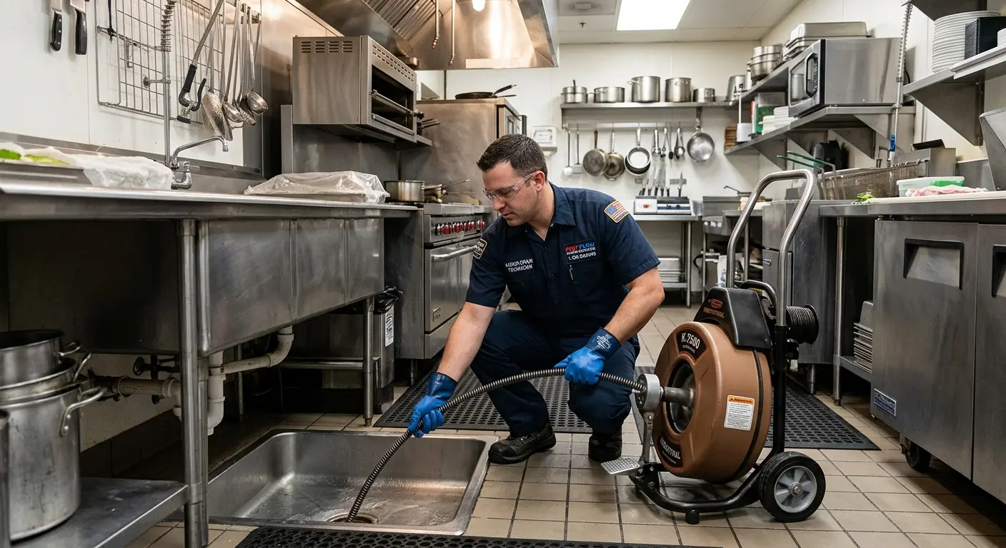 Commercial drain cleaning service in a restaurant kitchen in Providence